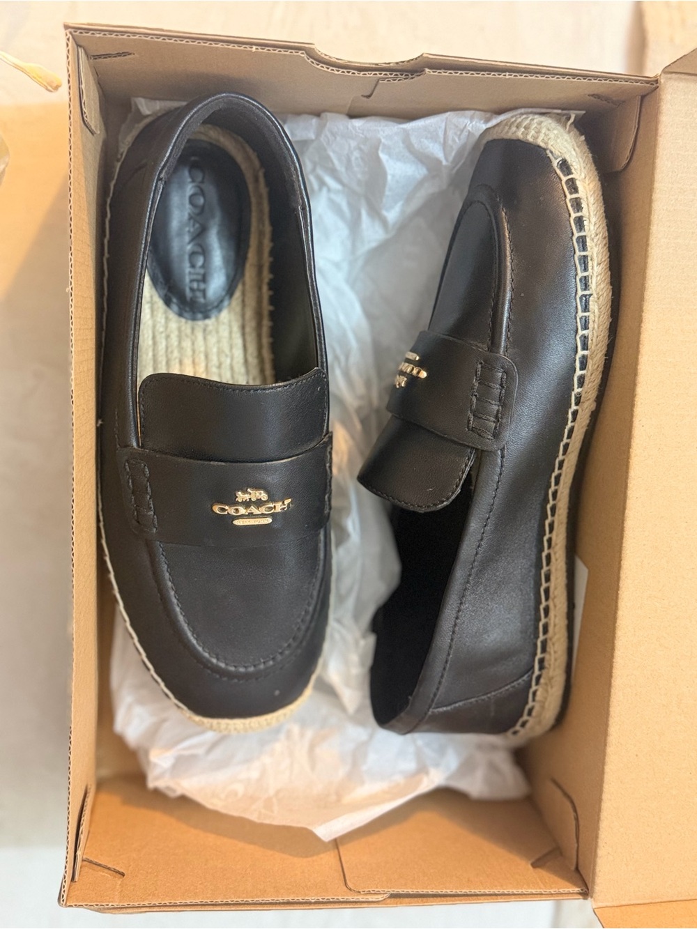 Coach Black Leather Espadrille Penny Loafers with Gold Logo